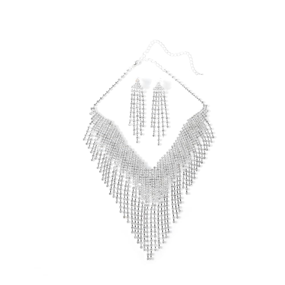 [KK　Solis] ロングフリンジラインストーン ネックレス＆イヤリングセット（国産コンバーター加工 軽量..