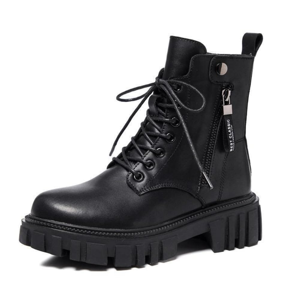 [ALVEIN] ブーツ レディース 両側ジッパー ショートブーツ アンクルブーツ 厚底 レースアップ 編み上げ 履きやすい 通気性 ヒール4.5cm 防滑性