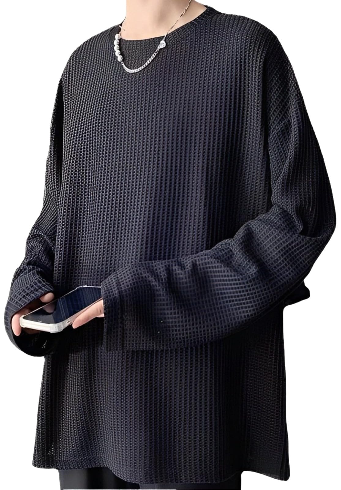 [emptio] [エンプティオ] 丸首 メッシュ風 カットソー ワッフル トレーナー 長袖 スウェット ロングtシャツ トップス