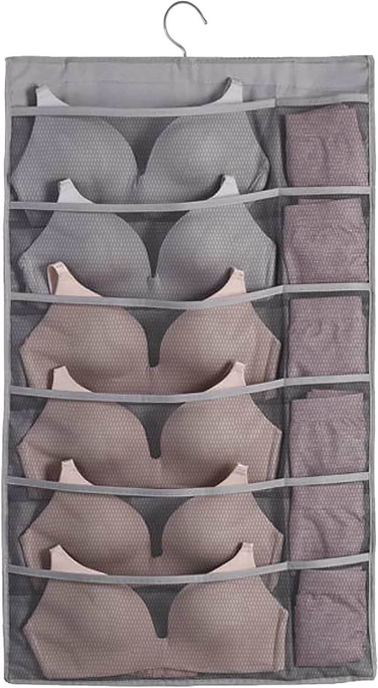 【UQ商事】 下着 収納 ウォールポケット 壁掛け 両面収納 ブラジャー 収納 吊り下げ収納 小物収納 大容量 折り畳み 靴下ハンガー フック付き【 30ポケット】