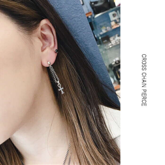 【期間限定割引】メンズ ピアス 片耳 シルバー925 Silver925【Cross Chain Pierce w Pave CZ】クロスチェーンピアス クロスピアス ドロップピアスパヴェ @ 2