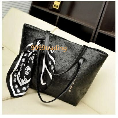 あす楽★ スカーフ付ドクロ柄トートバッグ ドクロスタッズ付 収納多数 カワイイ ipadも入ります