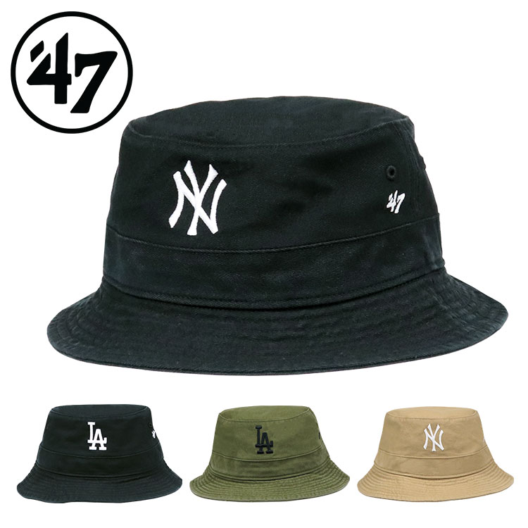 アイテム詳細ブランド47(フォーティーセブン)商品名MLB '47 BUCKET HAT (#BKT-GWF)アイテムハット素材コットン100％カラーBlack(黒)Khaki(ベージュ)Olive(サンダルウッド)サイズワンサイズ(58〜59cm前後)、ツバの長さ約5cm、深さ約9cm 配送についてこちらの商品はメール便(クリックポスト)で発送させて頂きます。複数点購入で厚みが3cmを超える場合は複数個口または宅配便に変更させて頂きますが、送料の追加などはございませんのでご安心ください。※宅配便商品と同時購入の場合は宅配便商品の送料が適応されます。47フォーティーセブンボストン・レッドソックスのホームスタジアムであるフェンウェイパークでのワゴン販売からスタートとした47（フォーティーセブン）は、今やメジャーリーグ・ベースボール（MLB）をはじめアメリカ4大プロスポーツ（MLB・NFL・NBA・NHL）の公認ライセンスを持つまでに成長した。少し浅めで曲げられたツバのカーブバイザーのキャップ「CLEAN UP/クリーンナップ」がこのブランドを代表する定番人気アイテム。商品説明47/フォーティーセブンから、NEW YORK YANKEES/ニューヨーク・ヤンキースとLOS ANGELES DODGERS/ロサンゼルス・ドジャースのロゴ刺繍が施されたバケットハットが入荷。定番人気のチームロゴとカラーバリエーションで幅広いファッションスタイルに合わせやすく、男女兼用で着用いただけます。ウォッシュドコットンを使用したオシャレな風合いのボディで、カジュアルなタウンユースはもちろん、フェスやアウトドアなどのレジャーシーンにもオススメ♪ ※メーカー出荷時より、折りジワが付いている場合がございますことを、あらかじめご了承くださいませ画像について実際のお色味に近くなるようにしておりますが、ご使用のブラウザやモニターなどにより、実物と異なる場合がございますことを、あらかじめご了承ください。モデル着用画像はライティングや天候により、実際のカラーと多少違って見える場合がございます。 また、商品の入荷・生産時期の違いによる細かな仕様変更が発生する場合がございますことも、併せてご了承お願いいたします。