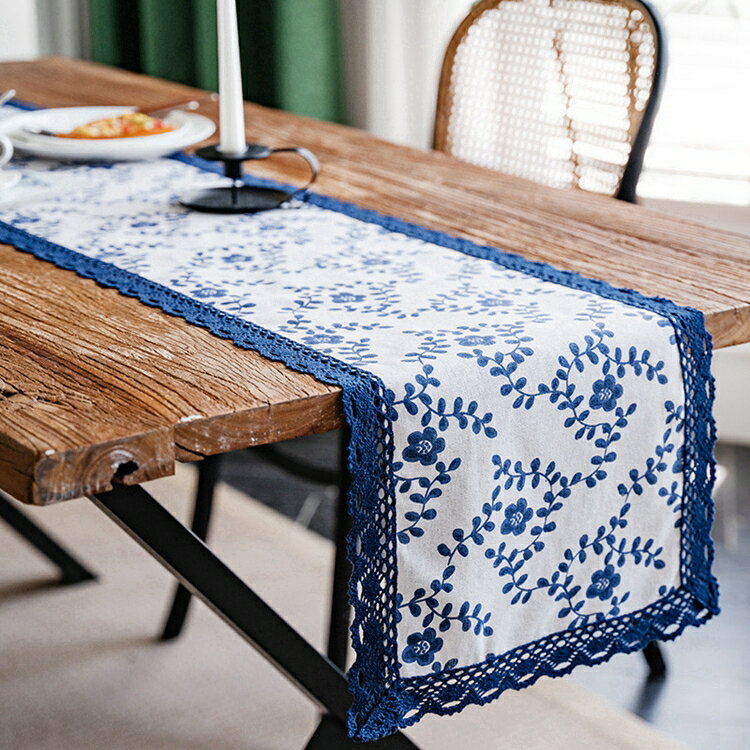 テーブルクロス 北欧 レース センター テーブルランナー 刺繍 リネン ブルー 綿麻 おしゃれ　長さ220cm..