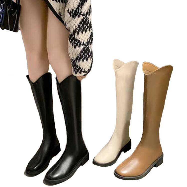 疲れない ゆったり ロングブーツ 筒周り 痛くない ブーツ ブーツ 防寒 レディース ロングブーツ ローヒール スクエアトゥ 裏起毛 ジョッキーブーツ 大きい ロングブーツ 履き口 バックジップ 合皮 秋冬 靴 3.5cmヒール 膝丈 歩きやすい ふくらはぎ