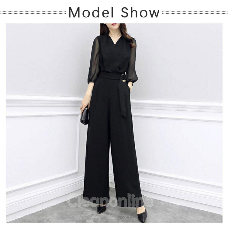 ワイドパンツ ガウチョ フォーマル パンツドレス パンツスーツ オールインワン カジュアルスーツ 七分袖 Vネック パンツドレス セットアップ レディース オーバーオール