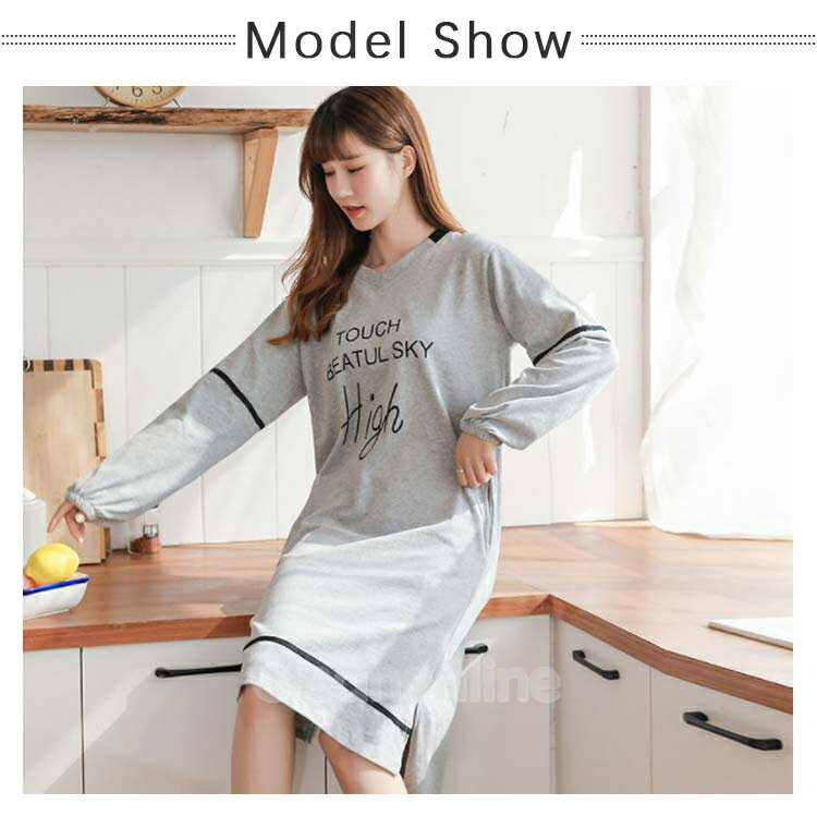 膝丈 シンプル ゆったり ロングパジャマ スリット入り 長袖 コットン カジュアル ロングワンピース パジャマ インナーウエア レディース 大きサイズ 春秋 vネック ルームウエア 切り替え オシャレ ゆったり