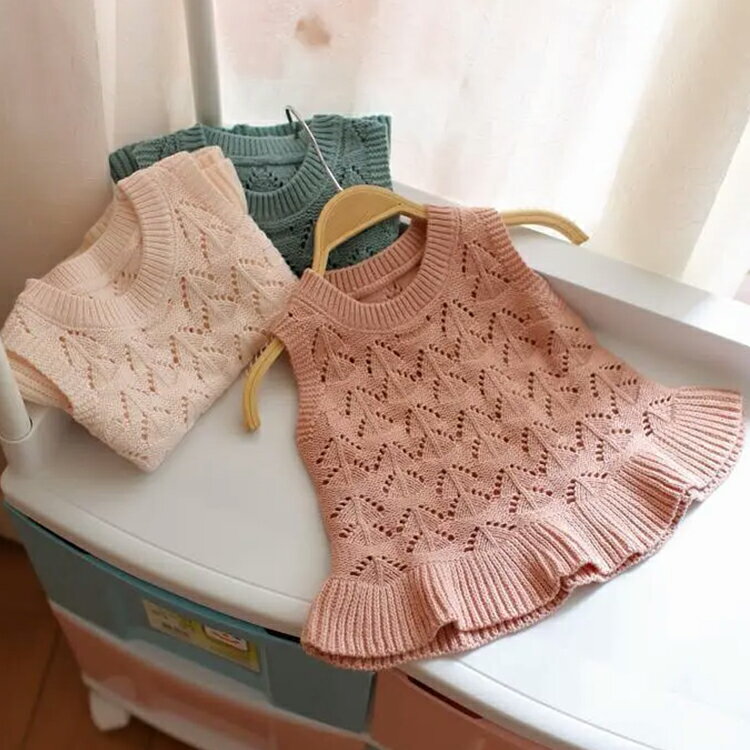 ニット おでかけ 女の子 無地 ロングベスト プルオーバー ノースリーブ ナチュラル セーターベスト キッズ ニットベスト フリルベスト 春秋 カジュアル オシャレ フォーマル シンプル