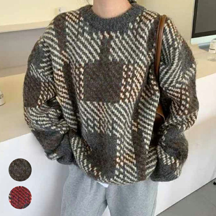ニットトップス 冬服 体型カバー 暖かい 秋冬 オーバーサイズ 秋服 長袖 着回し チェック柄 レディース セーター 暖かい 大きいサイズ ゆったり あったか ニットセーター 冬 ドロップショルダー 厚手 秋冬 カジュアル クルーネック