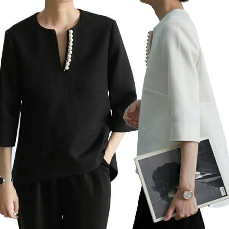 ビジネス オフィス レディース 冬 七分袖 秋冬 秋 プルオーバー トップス フェミニン キレイめ 春 ブラウス 無地 ゆったり 通勤 セレモニー服 ママスーツ シャツ キーネック パールボタン カジュアル ブラウス パールのサムネイル