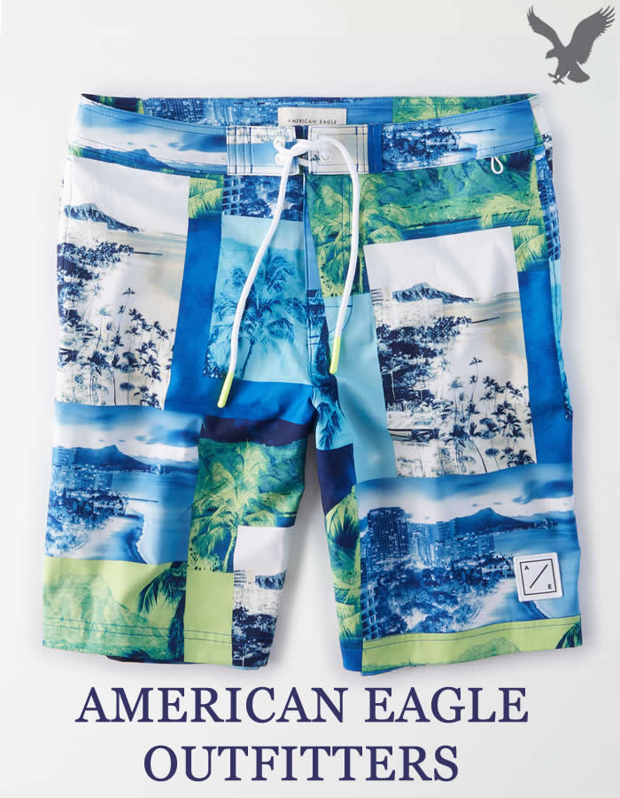 アメリカンイーグル AMERICAN EAGLE OUTFITTERSAE Tropical Board Short ストレッチ スイムウェア サーフパンツ 水着/Light Blue