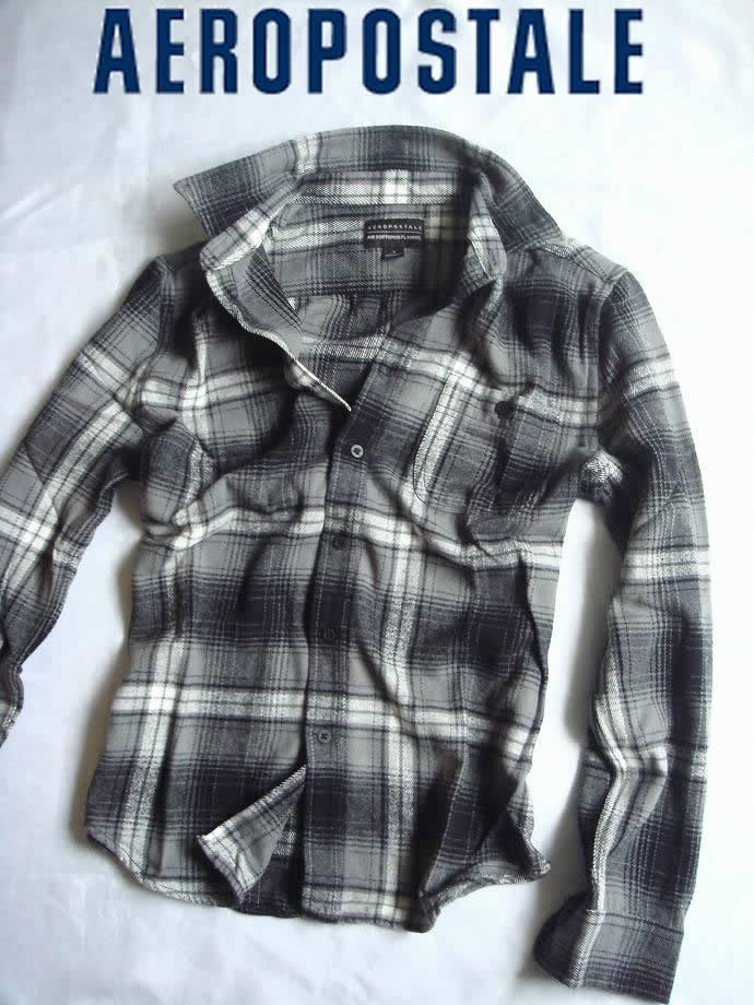 Aeropostale エアロポステール 正規品 メンズ Long Sleeve Plaid Flannel Shirt 長袖 チェック シャツ ヘビーウェイト 厚手 フランネルシャツ ネルシャツ/ブラック×グレー チェック柄