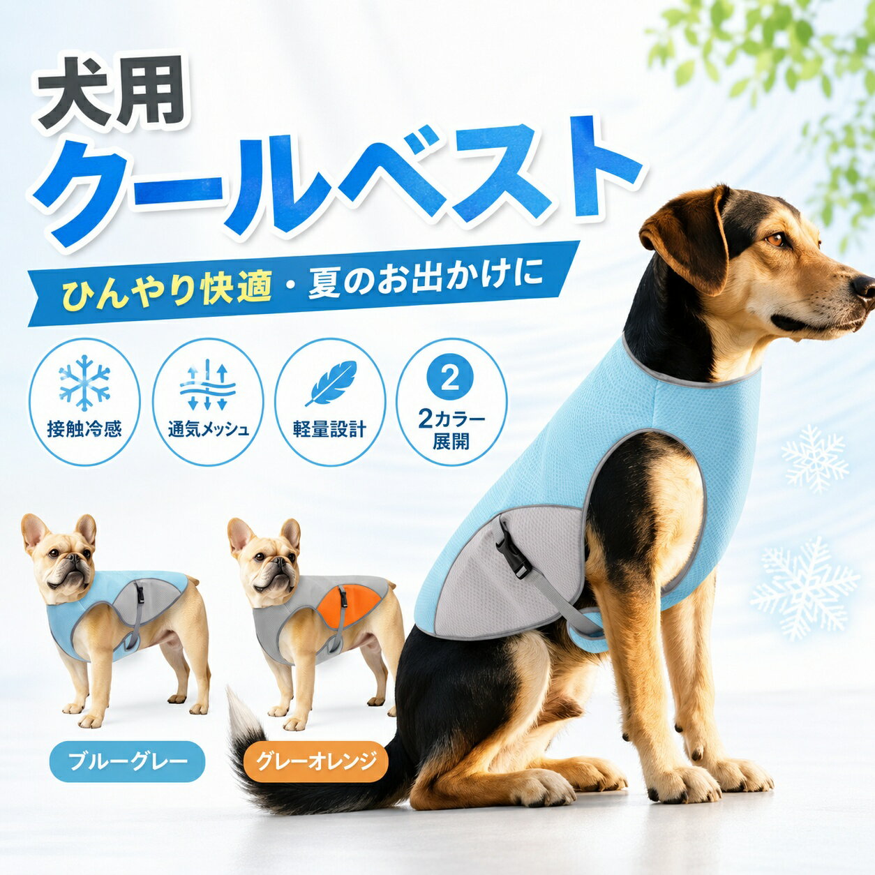【夏のお散歩をもっと快適に】 暑い季節のお散歩やお出かけにおすすめの犬用クールベストです。水で軽く濡らしてから着用することで、ひんやり感がアップ。愛犬の夏のお出かけをやさしくサポートします。 【通気メッシュ素材でさらっと快適】 通気性に優れたメッシュ素材を採用。空気が通りやすく、ムレにくい着心地です。軽量設計で体への負担を抑え、長時間のお散歩にも使いやすい仕様です。 【吸水しながらひんやり感をキープ】 表地は水分を含みやすい吸水素材、中層は水分をキープしやすい構造、裏地は熱を逃がしやすいメッシュ仕様。水分の蒸発によるひんやり感で、暑さが気になる季節にぴったりです。 ※使用環境や気温、湿度により感じ方は異なります。 【リード装着OK・Dリング付き】 背中部分には牽引用Dリングを搭載。リードを取り付けてそのままお散歩できます。ハーネスを重ねにくい夏場にも便利な一体型デザインです。 ※強く引っ張るワンちゃんや長時間の使用時は、普段お使いのハーネスとの併用をおすすめします。 【お腹バックルで着脱しやすい】 お腹部分はバックル式で、着脱がスムーズ。体に合わせてフィットしやすく、毎日のお散歩前にも手軽に着せられます。 【反射パイピング付き】 縁部分には反射パイピングを配置。夕方や夜のお散歩時の視認性をサポートします。 【やさしい肌あたり・軽量設計】 首まわりや腕まわりに配慮したやさしい設計。動きやすく、歩く・座る・走るなどの動作を妨げにくいノースリーブタイプです。 【選べる2カラー】 爽やかで清潔感のあるブルーグレー、元気で明るい印象のグレーオレンジの2色展開。男の子にも女の子にも合わせやすい夏らしいカラーです。 【商品仕様】 ブランド：A&Dplus 商品名：犬用ひんやりクールベスト 用途：夏のお散歩・外出時の暑さ対策 素材：三層メッシュ、吸水素材、裏地メッシュ 対象：犬用 / 中型犬 / 大型犬 カラー：ブルーグレー / グレーオレンジ サイズ：S / M / L / XL / XXL / XXXL 機能：接触冷感、通気メッシュ、吸水、速乾、軽量、Dリング付き、リード対応、お腹バックル、反射パイピング 【サイズ目安】 S：胸囲42〜50cm / 腹囲30〜36cm / 背丈35cm / 目安体重5〜9kg M：胸囲50〜58cm / 腹囲34〜40cm / 背丈40cm / 目安体重9〜14kg L：胸囲55〜66cm / 腹囲38〜44cm / 背丈46cm / 目安体重14〜20kg XL：胸囲62〜75cm / 腹囲42〜48cm / 背丈52cm / 目安体重20〜27.5kg XXL：胸囲68〜85cm / 腹囲46〜52cm / 背丈58cm / 目安体重27.5〜35kg XXXL：胸囲80〜100cm / 腹囲50〜56cm / 背丈65cm / 目安体重35〜42.5kg 【ご使用方法】 1. ベスト全体を水で軽く濡らします。 2. 余分な水分を軽く絞ります。 3. 愛犬に着用させ、バックルを留めます。 4. 必要に応じてリードをDリングに取り付けてください。 【ご注意】 ※サイズは平置き採寸のため、多少の誤差が生じる場合がございます。 ※犬種、体型、毛量により着用感が異なります。ご購入前に必ず胸囲・腹囲・背丈をご確認ください。 ※本商品は暑さ対策をサポートするウェアです。体温管理や熱中症予防を保証するものではありません。 ※高温時や直射日光の下での長時間使用は避け、こまめな休憩と水分補給を行ってください。 ※濡れたまま長時間放置しないでください。使用後は風通しの良い場所で乾燥させてください。 ※愛犬が嫌がる場合や異常が見られる場合は、すぐに使用を中止してください。 ※モニター環境により、実物と色味が異なって見える場合がございます。