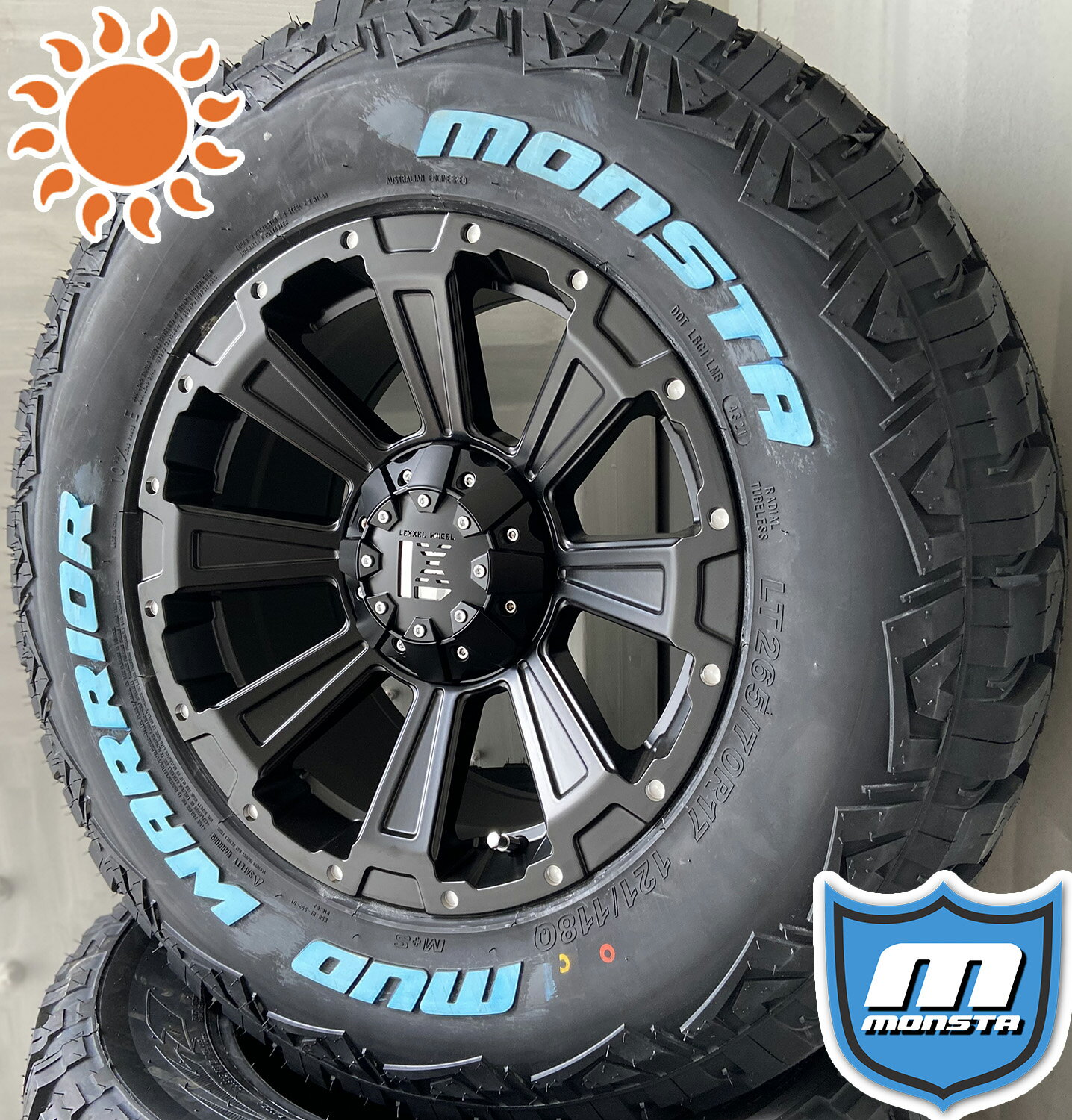 Rakuten - オフロード系 タイヤホイールセット 17インチ Jeep JKラングラー JLラングラー MONSTA MUD WARRIOR モンスタタイヤ マッドウォーリア 265/65R 265/70R17 ホワイトレター 4本セット 1台分 ノーマル車高OK マッドタイヤ