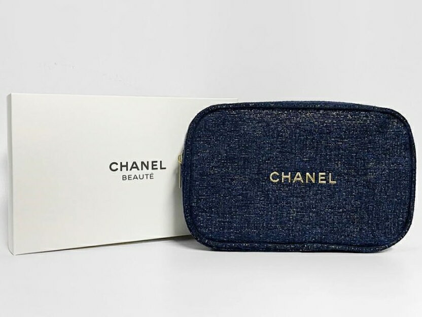 CHANEL NOVELTY POACHシャネル ロゴ入化粧ポーチCCロゴ入りファスナーネイビー（ラメ入）×ゴールドCHANEL 専用BOX