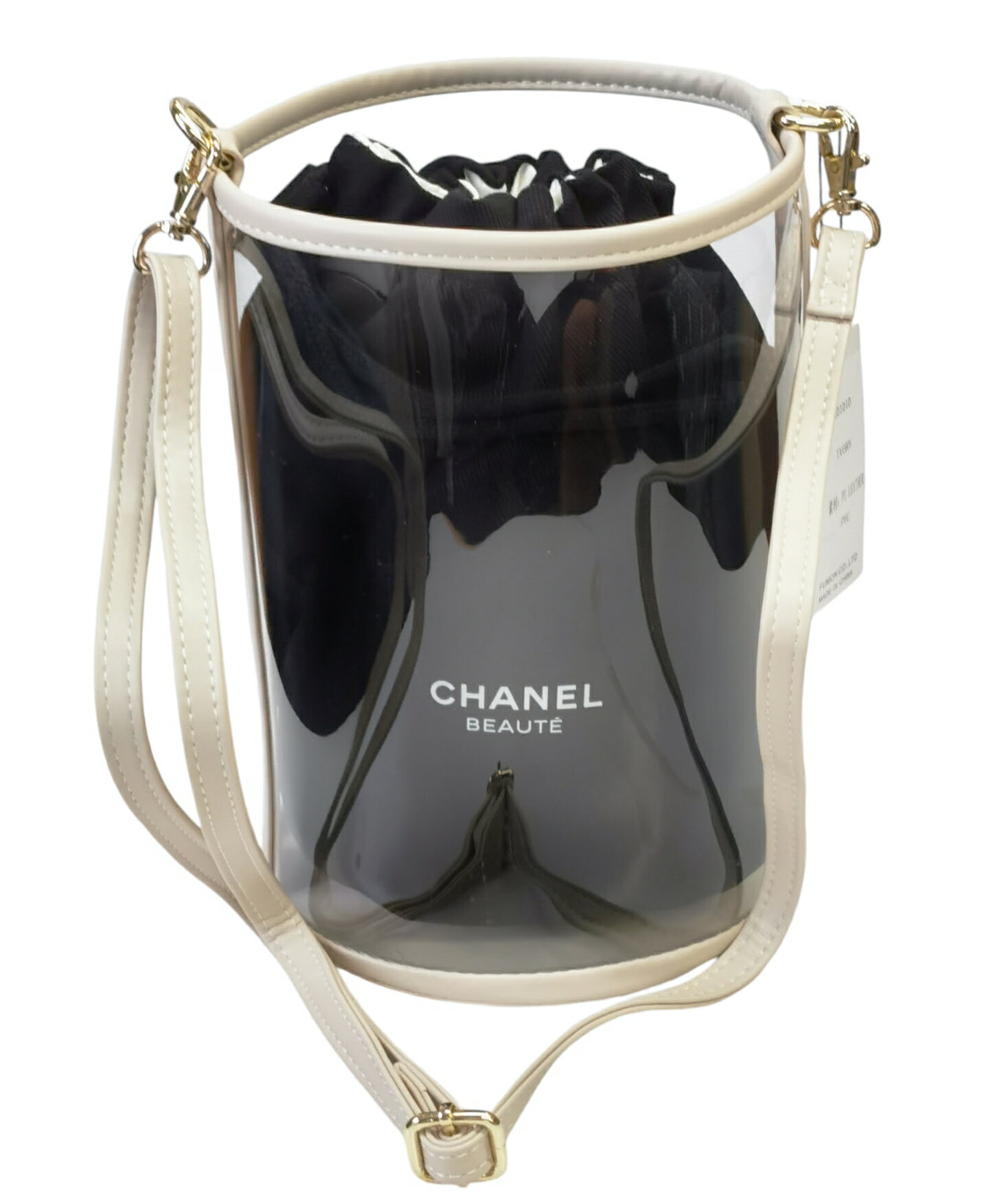 CHANEL LA COLLECTIONシャネル ラ コレクション限定特別ギフト ノベルティーポーチ 巾着 コットン 100%【社外品】バケツ型 クリアバッグアイボリー 巾着ポーチブラック×ホワイト×ゴールドのサムネイル