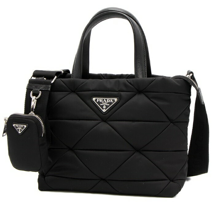 PRADA 1BG373-RDJN-F0002TESSUTO QUILTIN SHOPPINGRe-Nylonプラダ パデッド トートバッグ2WAY（ハンド・ショルダー）ミニポーチ付 Wファスナーリナイロン×ナッパレザー(羊革)トライアングルロゴプレートブラック×シルバー