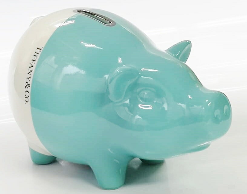 Tiffany&Co. PIGGY BANK ESTE CERAMICHEMADE IN IATLY HANDPAINTEDティファニー カラーブロック ピギーバンク子豚形の貯金箱 陶器 取出し蓋付ティファニーブルー×ピュアホワイトTiffany純正BOX＆リボン・ショップバッグ