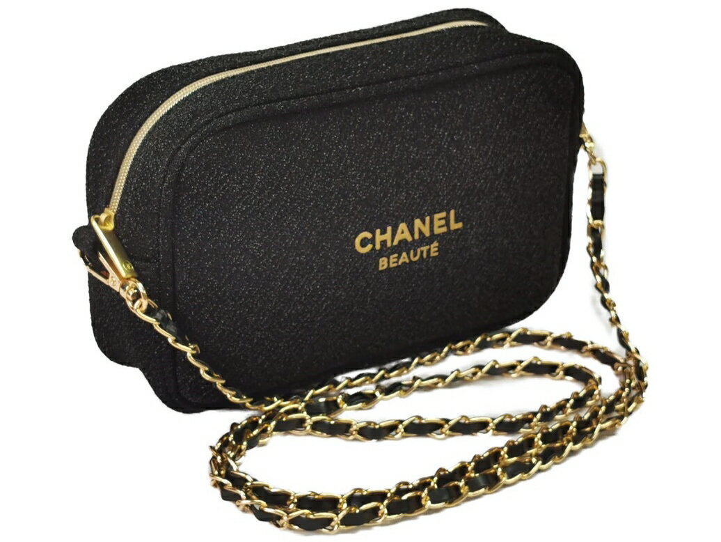 CHANEL NOVELTY シャネル ロゴ入化粧ポーチ Dカン CCロゴ入りファスナーショルダーストラップ 約118cm~(社外品・取外し可能) 斜め掛け可能ノベルティー ポリエステル製ブラック(ラメ入)×ゴールド※12/5~15 入荷次第発送