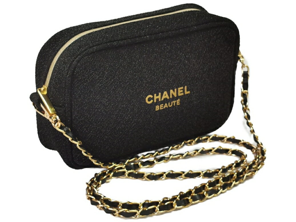 CHANEL NOVELTY シャネル ロゴ入化粧ポーチ CCロゴ入りファスナーショルダーストラップ 約120cm～(社外品・取外し可能) 斜め掛け可能ノベルティー ポリエステル製ブラック（ラメ入）×ゴールドシャネル ショップバッグ