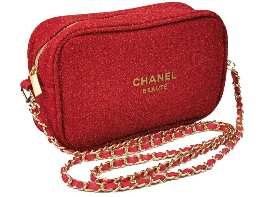 CHANEL NOVELTY シャネル ロゴ入化粧ポーチ CCロゴ入りファスナーショルダーストラップ (社外品 取外し可能) 斜め掛け可能ノベルティー ポリエステル製レッド（ラメ入）×ゴールドシャネル ショップバッグ