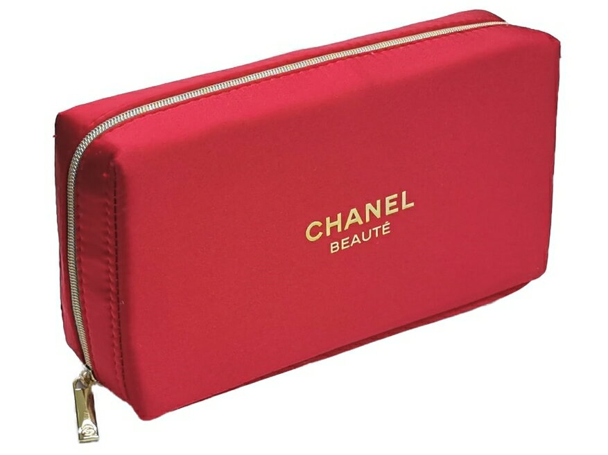 CHANEL NOVELTY SILK POACHシャネル ロゴ入シルク化粧ポーチ CCロゴ入ファスナー ノベルティーシルク 100%×ポリエステルレッド×ゴールドのサムネイル