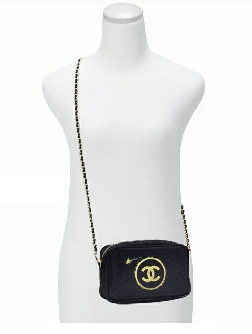 CHANEL NOVELTY シャネル CCロゴ入化粧ポーチ CHANEL ロゴ入ファスナーショルダーストラップ 約120cm～(社外品 取外し可能) 斜め掛け可能ノベルティー ポリエステル製ブラック×ゴールドシャネル ショップバッグ