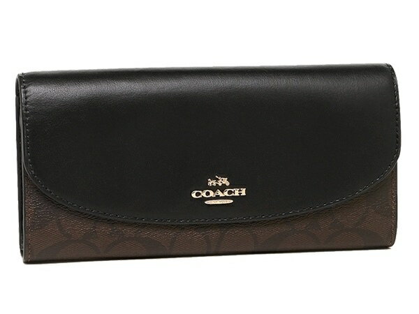 COACH IMAA8コーチ スナップ式長財布アウトレット シグネチャー スリム エンベロープ ウォレットメタルロゴ付スムースカーフレザー×PVCブラック×ブラウン×ゴールド