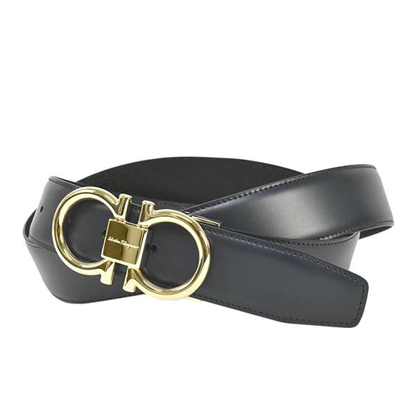 Salvatore Ferragamo 679938-735929サルヴァトーレフェラガモ ベルト イタリア製リバーシブル ユニセックスベルトダークブルー×ブラック×ゴールドスムースカーフ×型押レザー カット調節可能(ワンタッチ)※サイズ選択式