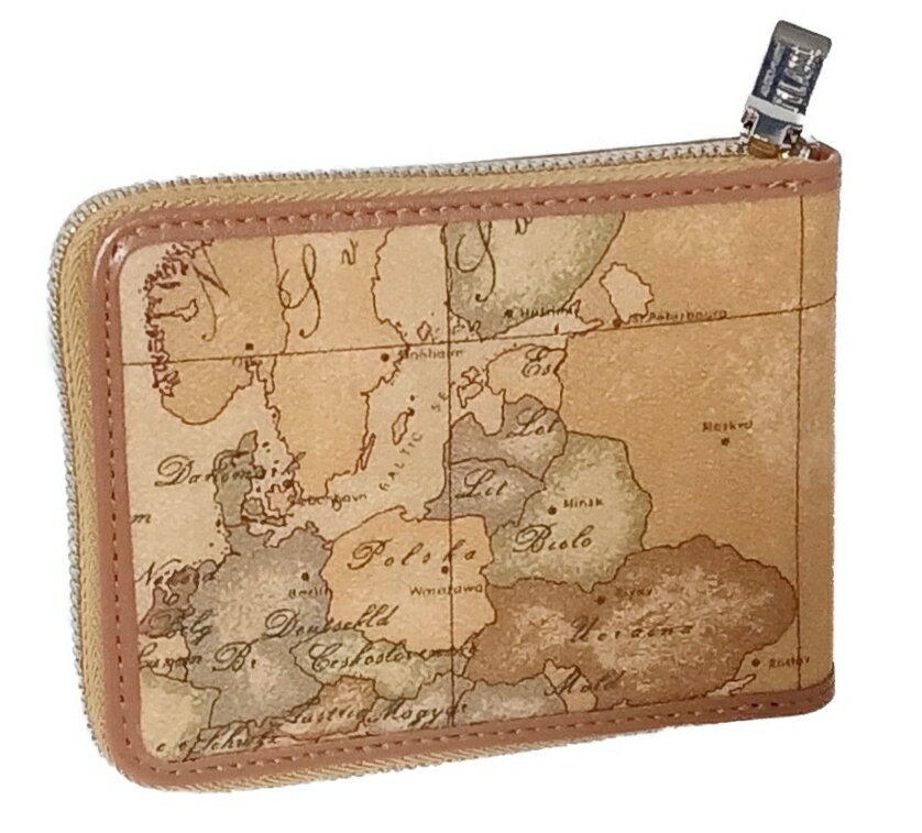 PRIMA CLASSE W121-6000プリマクラッセラウンドファスナー二折財布PVCキャンバス×カーフレザーベージュ（地図柄）×キャメル×ゴールド※画像の商品（柄）になります。