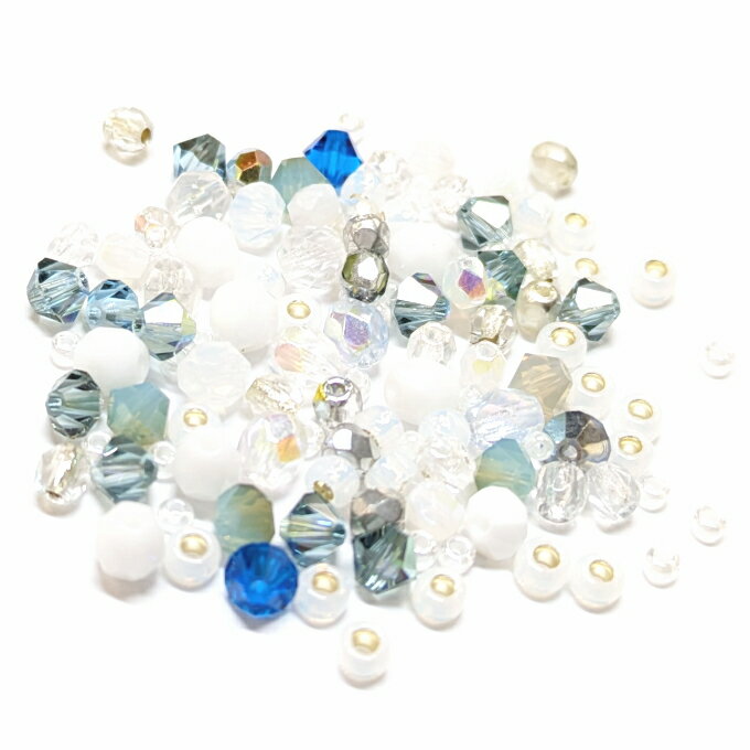 ☆お得パック☆ビーズミックス（スワロフスキー・チェコFP・シードビーズ）　クリスタル/ホワイト/ブルー系（1パック約4g入り）