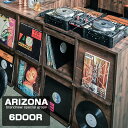 【ARIZONA DJブース】カッコよさが違う！両面ディスプレイが新登場 レコードラック6DOORタイプ レコード収納 ディスプレイラック レコード棚 収納家具 lp cd 棚 本棚 フラップ扉 収納棚 収納ラック 木製 ターンテーブル 台 ブラウン ヴィンテージ