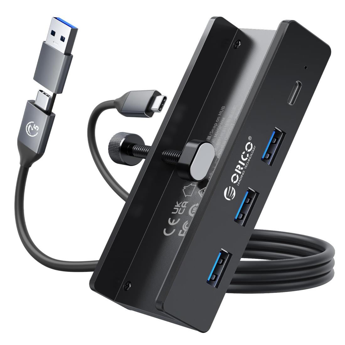 ORICO USB C ハブ クランプ 固定 usb hub 3.0 4ポート 5Gbps高速転送 USB-C 給電ポート付き(5V/3A) バスパワー/セルフパワー両対応 2-IN-1 1mケーブル付き アルミ クリップ式 USB拡張 USB増設 Windows/Linux/Mac OS対応 テレワー 在宅勤務 ブラック MH4PC