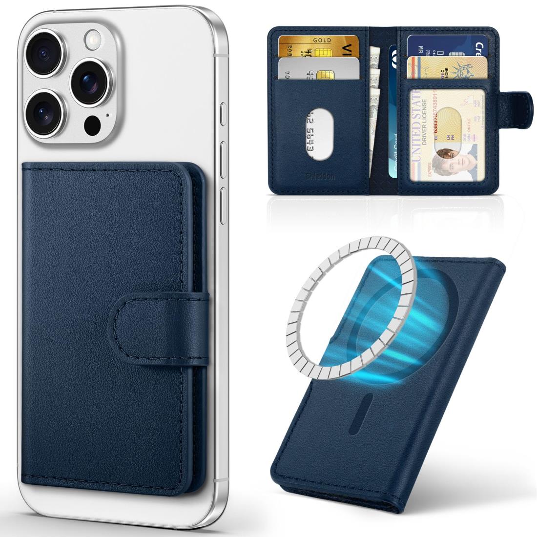 SHIELDON スマホカードケース 本革レザー 6枚カード収納 磁力吸着 RFIDブロッキング 磁力ケースとi Phone16/15/14/13/12/Plus/Pro/Pro Maxシリーズ対応 ネイビーブルー