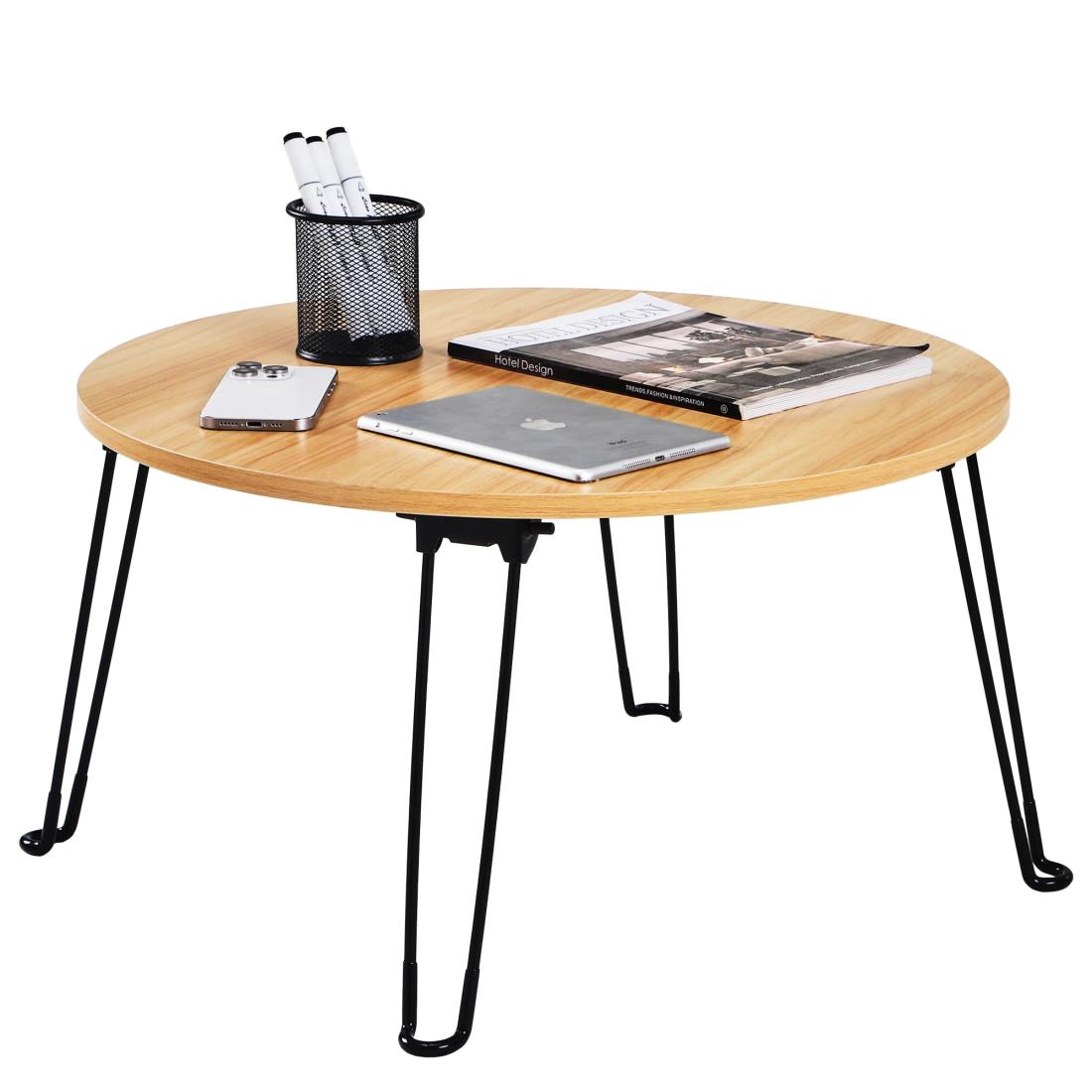 VECELO 折りたたみテーブル 丸 ローテーブル ミニテーブル （サイズ：60＊60＊33.5cm） 大容量 多機能 隙間収納 完成品 コンパクト 軽量 一人暮らし ベッド ブラウン