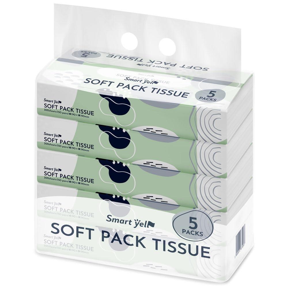 アイリスプラザ(IRIS PLAZA) ソフトパックティッシュ 300枚 (150組)x5パック コンパクトサイズ スマートエール ティッシュ パルプ 100% 蛍光染料 不使用 花粉 風邪 くしゃみ