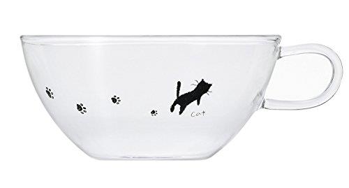 アデリア ティーカップ 耐熱ガラス ティーカップラウンド 200ml 猫ASHIATO レンジ対応/熱湯OK K-6762