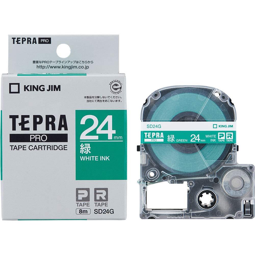 サイズ：24mm◆商品名：キングジム 【純正】 テプラPROテープカート リッジ カラーラベル(ビビット) 24mm 緑ラベル/白文字 長さ8m SD24G型番 : SD24Gサイズ : 幅64×奥行き28×高さ75mm重量 : 約65g長さ : 8m幅 : 24mmビビットな下地に白文字が美しい。すっきりとした印象のカラーラベル。