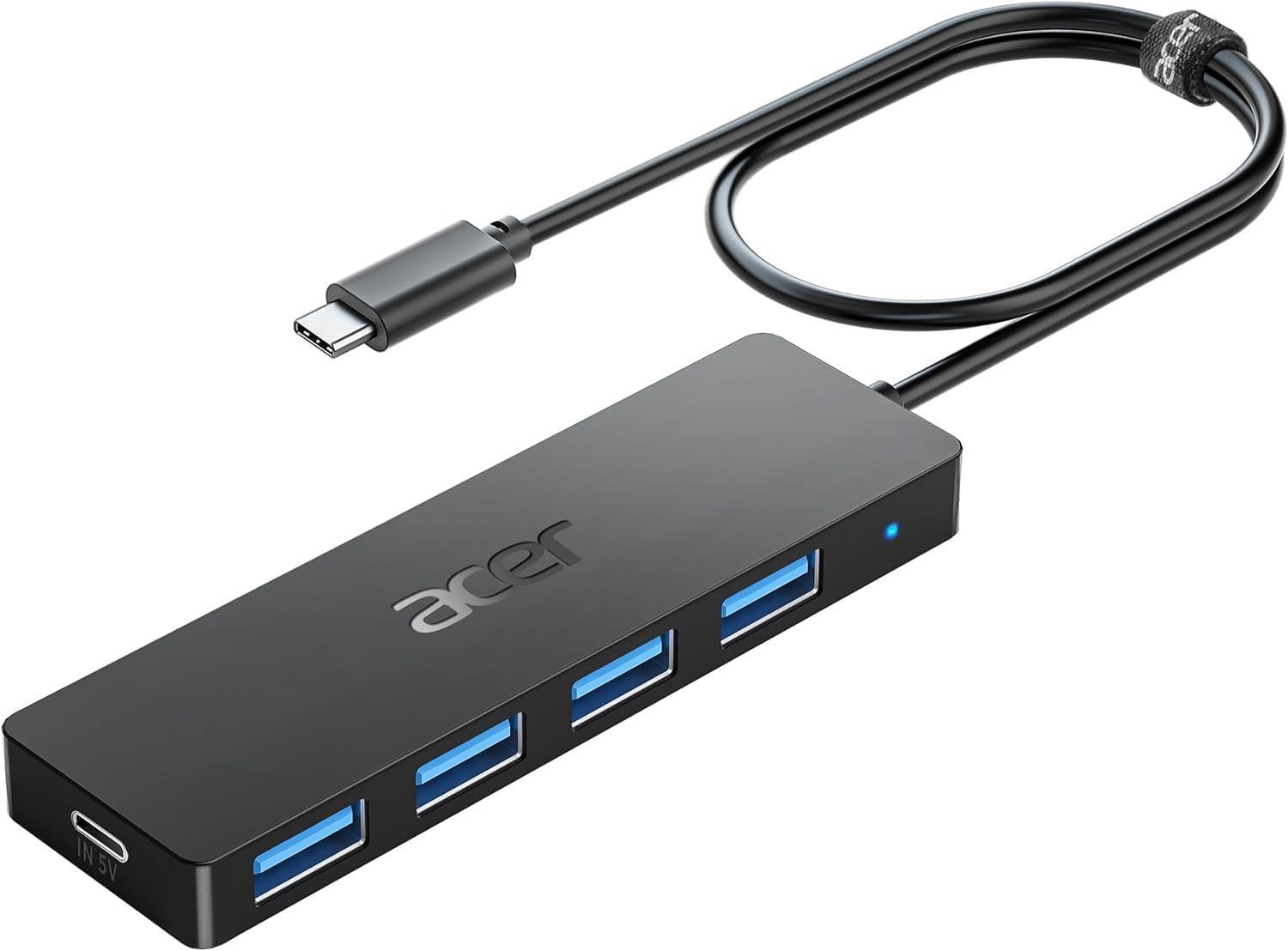 Acer USB C ハブ 増設 拡張 4ポートtype-cハブ 高速転送 スリム軽量ハブ 4in1 USB ハブ MacBook Pro/Air、iPad Pro、iMac、i Phone 15 Pro/Pro Max、XPS、Thinkpad に対応 (60cm)