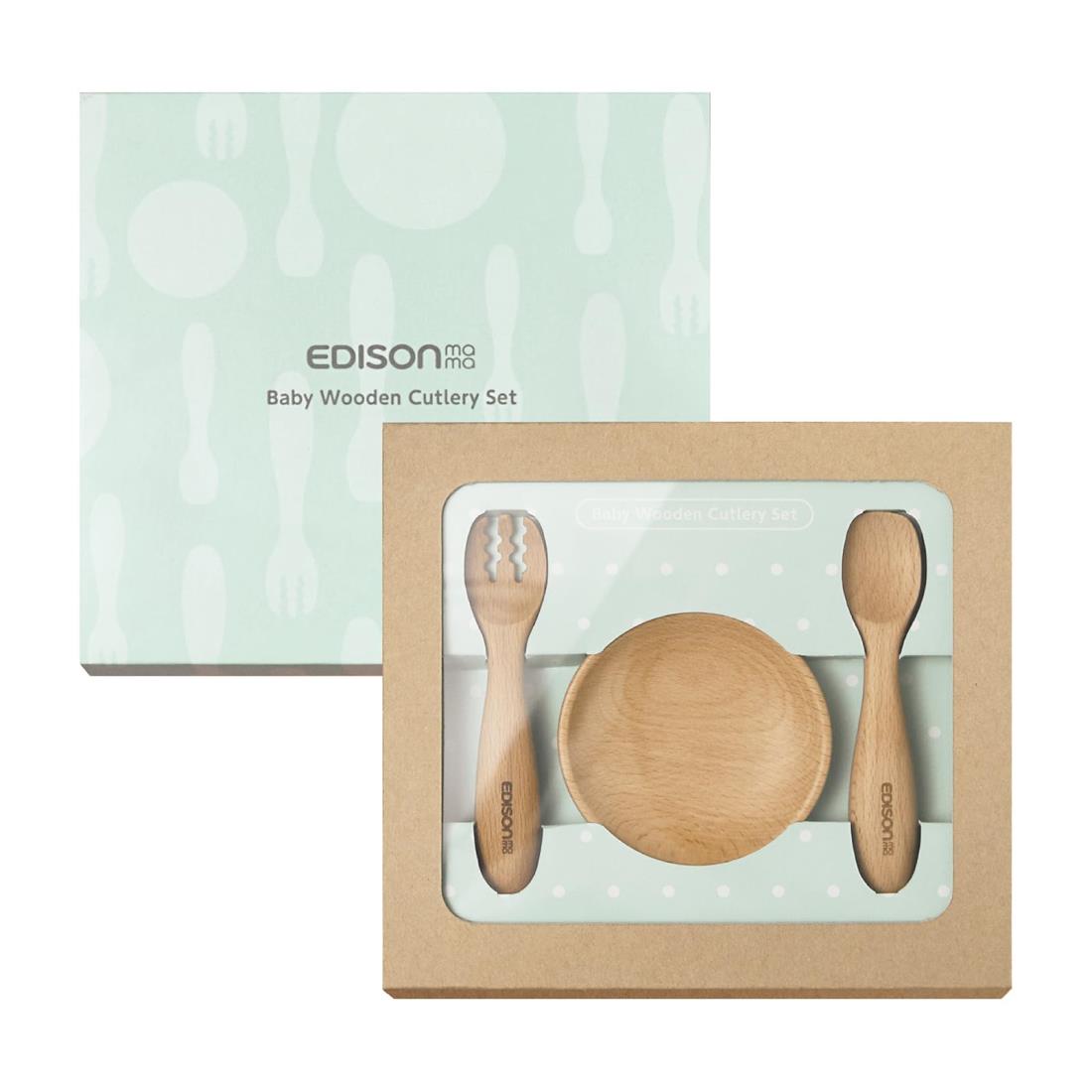 EDISONmama(エジソンママ) 木製カトラリーセット フォーク・スプーン・丸皿2個セット 9か月~ / ギフト お祝い