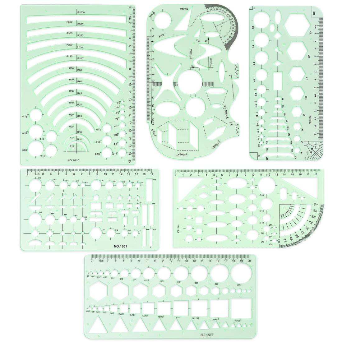 定規 テンプレート デザイン 円定規 四角 楕円 三角 多形 製図用 組合せ定規 学校教育用 建築科用 (6点セット)