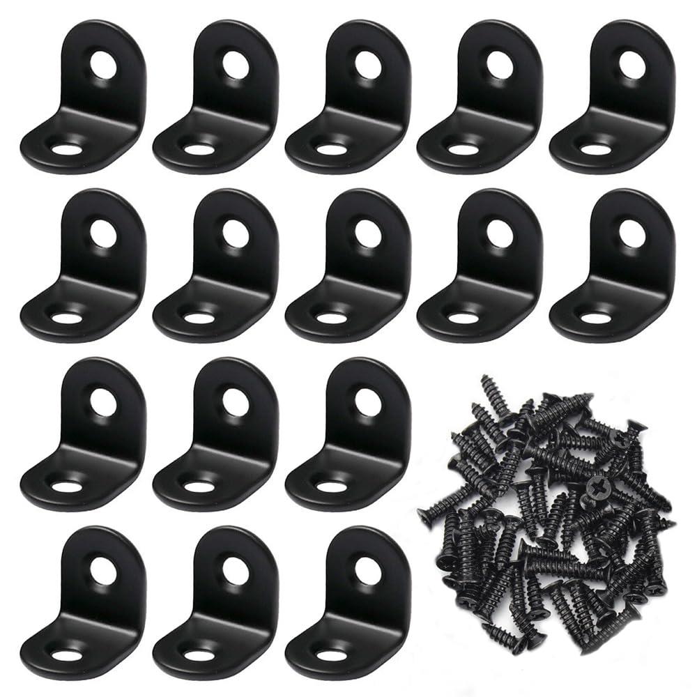 L字アングルブラケット 16個セット 20×20×16mm 直角ブラケット ステンレス製 L字金具 棚受け金具 アングル金具 ネジ32個付き (ブラック)