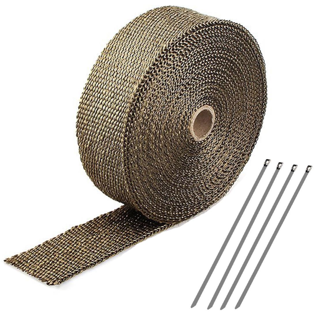 耐熱サーモバンテージ 2.5cm*5m ファイバーガラス製 耐熱布 マフラー 高温に耐える 煙突熱対策 マフラーカバー 自動車 バイク 保護 マニホールド 結束バンド付き (ゴールド)
