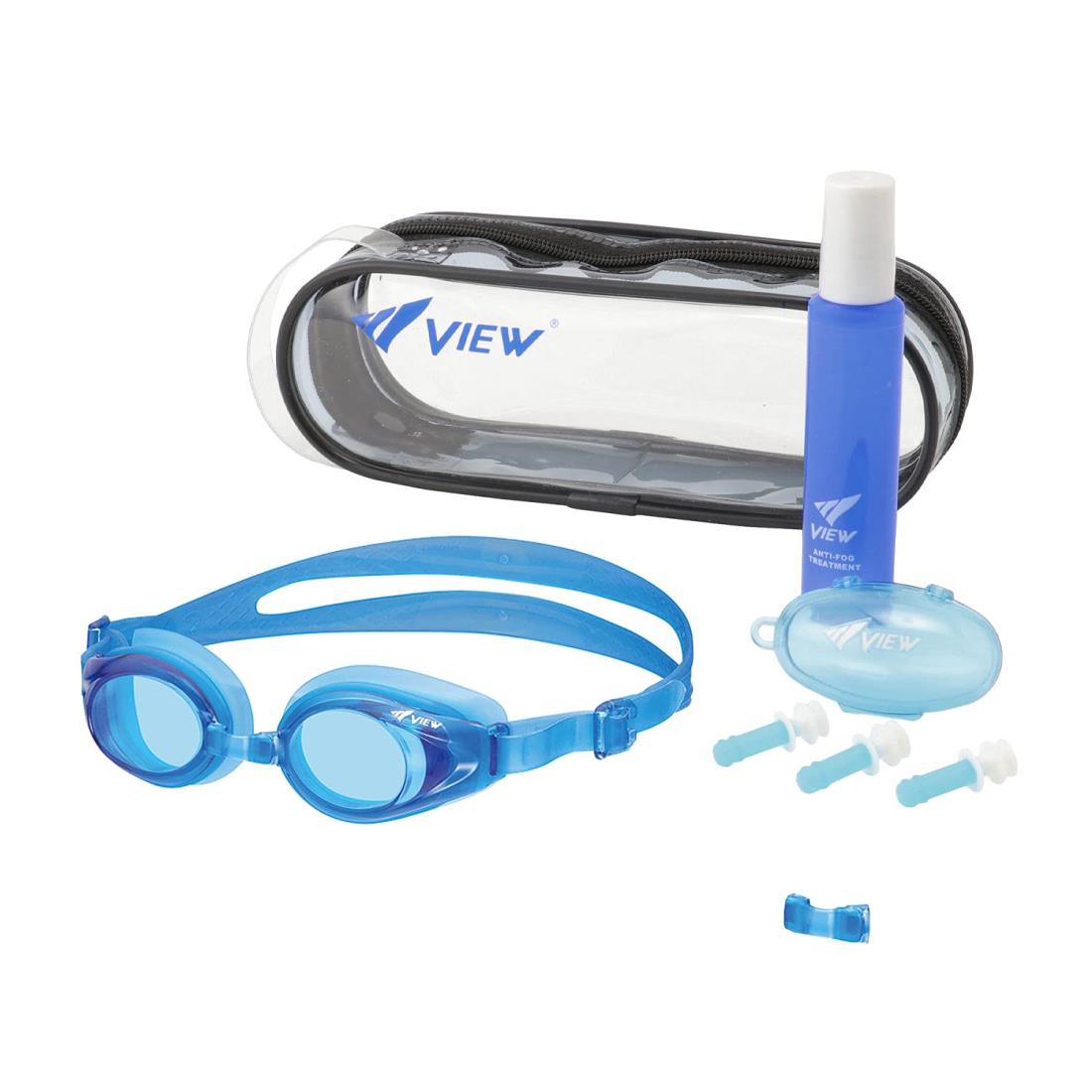 VIEW(ビュー) 子ども用 スイミングゴーグル 3点セット ゴーグル (VJ710J BL) 対象4歳~9歳 抗菌仕様+曇止め液 (TV330)+耳栓 (EP408J) 【日本製】 ブルー VA1604