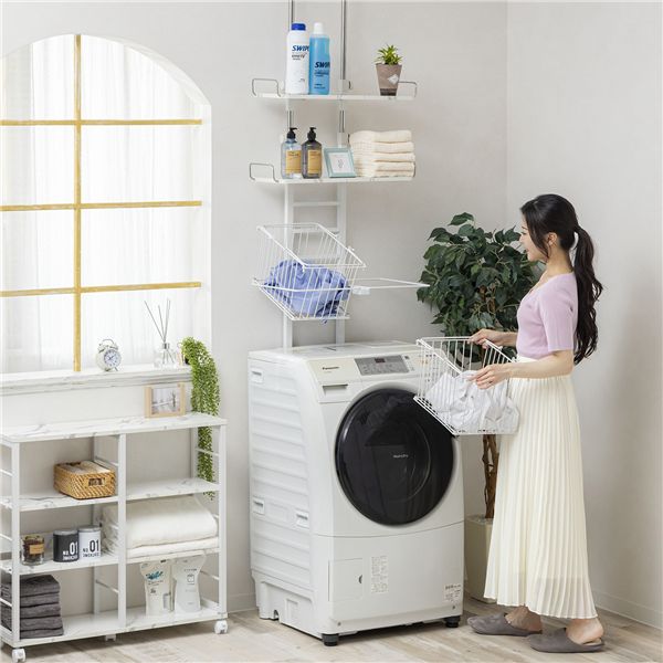 バスケット付き突っ張り洗濯機ラック マーブル（大理石柄）【代引不可】