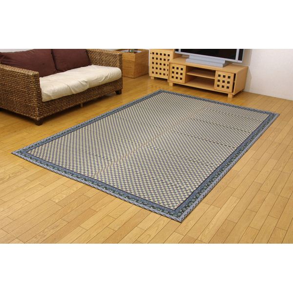 い草 花ござ / ラグマット 【花柄ヘリ ブルー 江戸間3畳 約174×261cm】 日本製 抗菌 防臭 調湿機能 消臭 耐久性 〔リビング〕