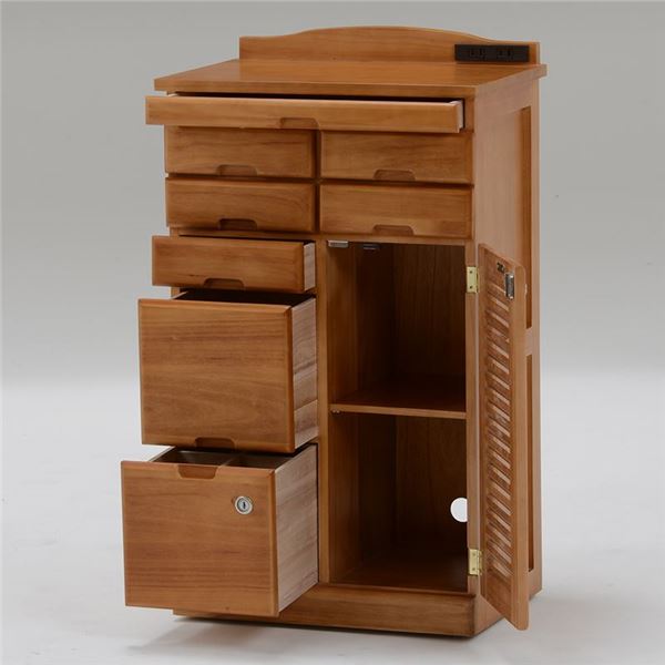 サイドボード 電話台 約幅48cm ライトブラウン 木製 2口コンセント 鍵付き 隠しキャスター付き 多引き出し FAX台 リビング