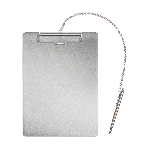■商品内容マグネットが使えるステンレス製！ステンレスボールペンがチェーンでしっかりついているので異物混入対策商品としてお使い頂けます。■商品スペック●外形寸法(縦)[mm]：330●外形寸法(横)[mm]：240●フック：有●規格：A4-Eタテ●材質：ステンレス●ボールペンインク色：黒■送料・配送についての注意事項●本商品の出荷目安は【3 - 6営業日　※土日・祝除く】となります。●お取り寄せ商品のため、稀にご注文入れ違い等により欠品・遅延となる場合がございます。●北海道・沖縄県・離島・山間部への配送については追加送料が発生します。　但し配送出来ないケース（商品）もございますので、ご注文後改めて追加送料・配送可否をご案内させて頂きます。
