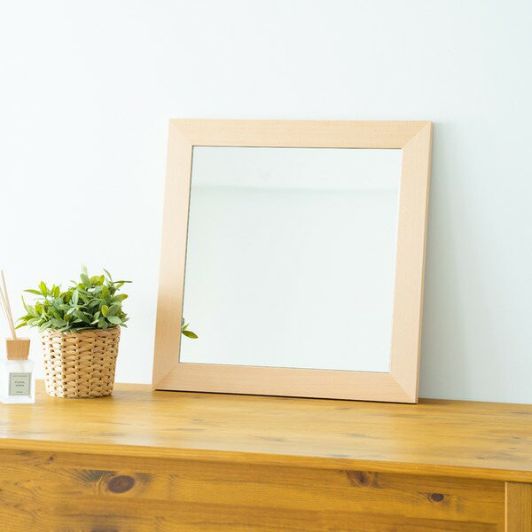 幅広枠正方形ウォールミラー （50）（ナチュラル） 天然木 姿見鏡 ワイド 高級感 木製 飛散防止加工 壁掛け 北欧風 ヴィンテージ 韓国インテリア 玄関 トイレ 洗面 日本製 完成品 NK-31