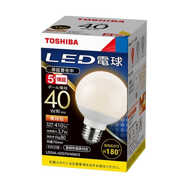 東芝ライテック LED電球 ボール電球形 E26口金 3.7W 電球色 LDG4L-G / G70 / 40W / 2 1個 【×5セット】..